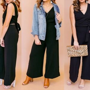 Lush Black Textured Cropped Sleeveless Jumpsuit